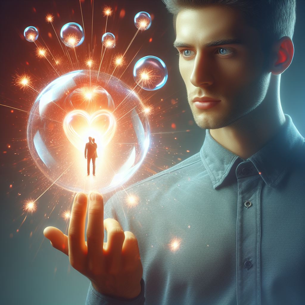 Man creating a manifestation bubble to create a relationship and release the energy that won't let him.