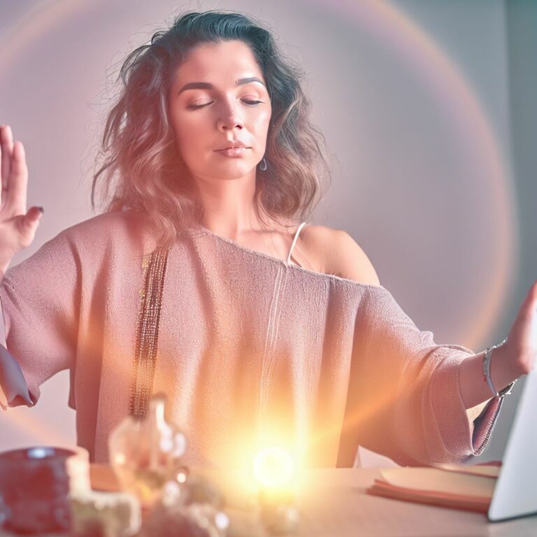 Woman working energy to release negative work energy from her body