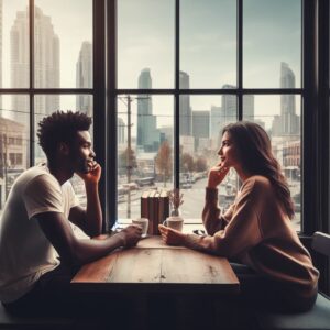 A couple who has great personal relationships talking over coffee.