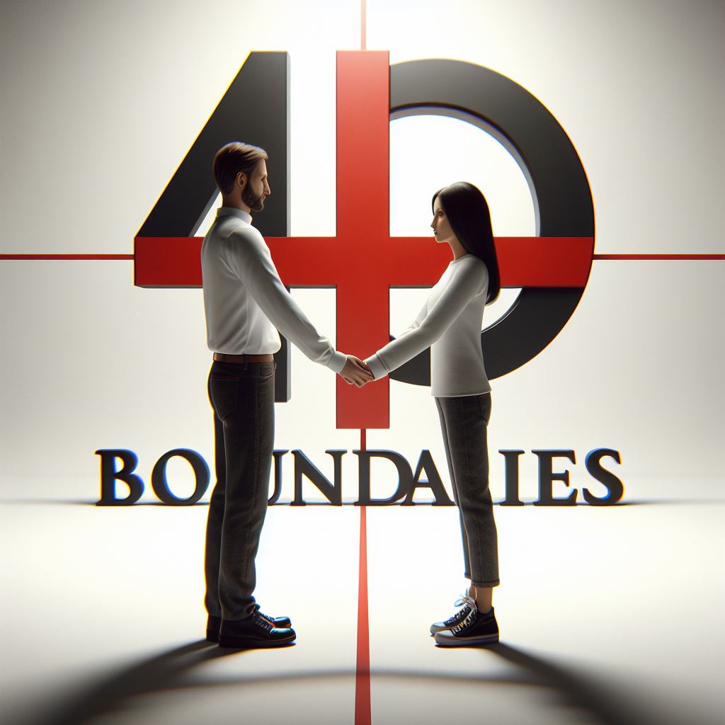 A couple standing facing each other holding hands in front of a 4Q Boundaries Logo Banner