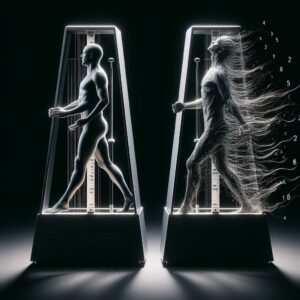 Photorealistic image of two metronomes, one in sync and one erratic, symbolizing the disruption of bodily rhythms and internal imbalance.
