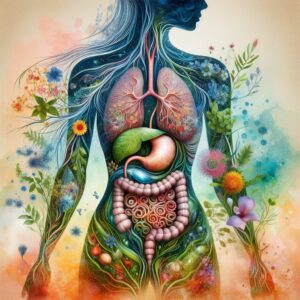 Photorealistic image illustrating physical boundaries, homeostasis, and body awareness. Human silhouette with organs depicted as vibrant plants and natural elements.