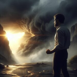 Emotional boundaries guiding the way: Man on cliffside witnesses storm receding, sunlight and long shadows signal a hopeful new path.