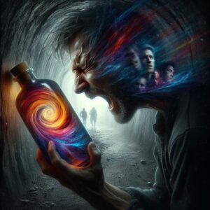 Emotional boundaries breaking: Man in tunnel clutches bottle of intense emotions, blurred figures outside hint at lost connections.