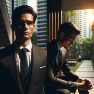 Inner Peace Split image: A man in a dark suit stands tensely in a stark, empty condo. His expression conveys depression and inner turmoil | The same man, now relaxed, sits with a peaceful smile in a sun-dappled park, reflecting his newfound inner peace.
