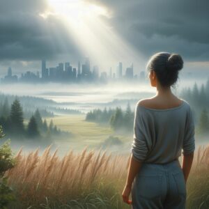 Mental Boundaries & Homeostasis: South Asian woman named Jennifer looks out onto a distant cityscape shrouded in mist. A break in the clouds sends a beam of sunlight, hinting at hope for overcoming inner turmoil.
