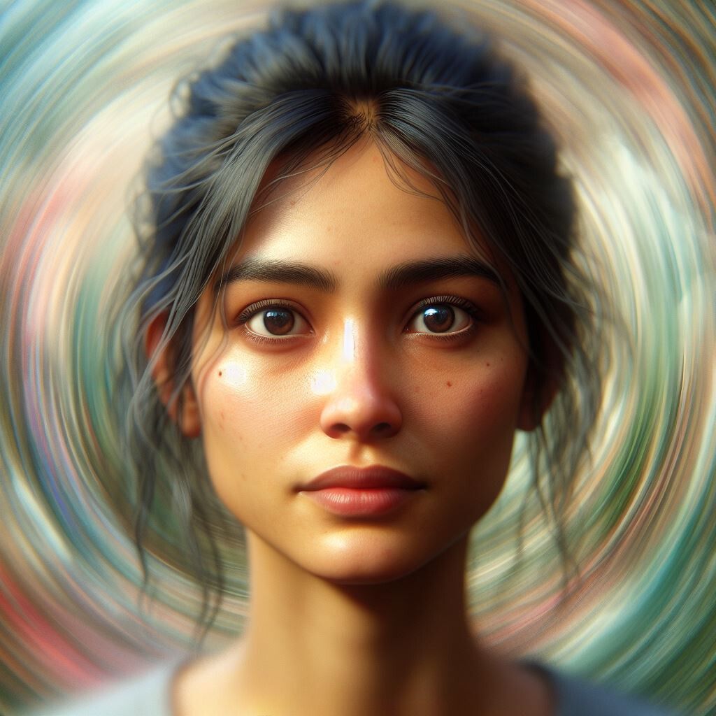 Mental Boundaries and Homeostasis: Close-up of a South Asian woman named Jennifer, her face showing introspection amidst a blurred background representing her mental overwhelm.